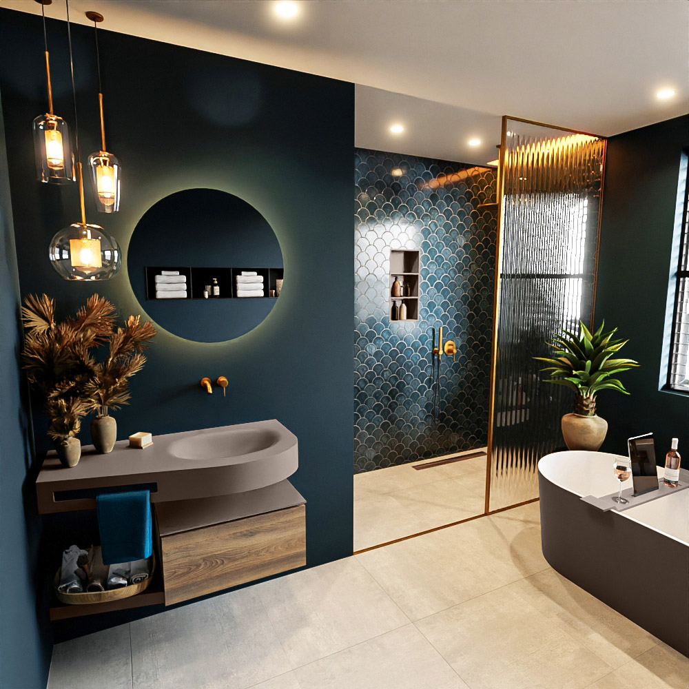 MONDIAZ RIVA 100cm mueble de baño / estante color Dark Brown Grey con 1 cajón. Lavabo DULCET Derecho sin orificio