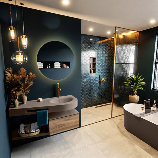 MONDIAZ RIVA 120cm mueble de baño / estante color Dark Brown Grey con 1 cajón. Lavabo DULCET Derecho 1 orificio