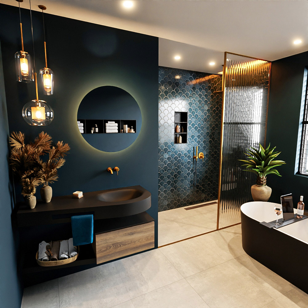 MONDIAZ RIVA 120cm mueble de baño / estante color Dark Brown Grey con 1 cajón. Lavabo DULCET Derecho sin orificio