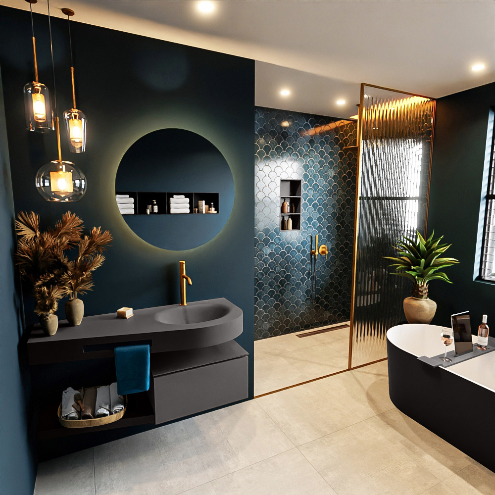 MONDIAZ RIVA 120cm mueble de baño / estante color Dark Grey con 1 cajón. Lavabo DULCET Derecho 1 orificio