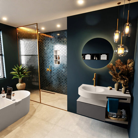 MONDIAZ RIVA 100cm mueble de baño / estante color Dark Grey con 1 cajón. Lavabo DULCET Izquierda 1 orificio