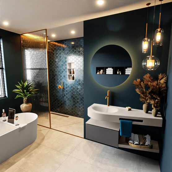 MONDIAZ RIVA 120cm mueble de baño / estante color Dark Grey con 1 cajón. Lavabo DULCET Izquierda 1 orificio