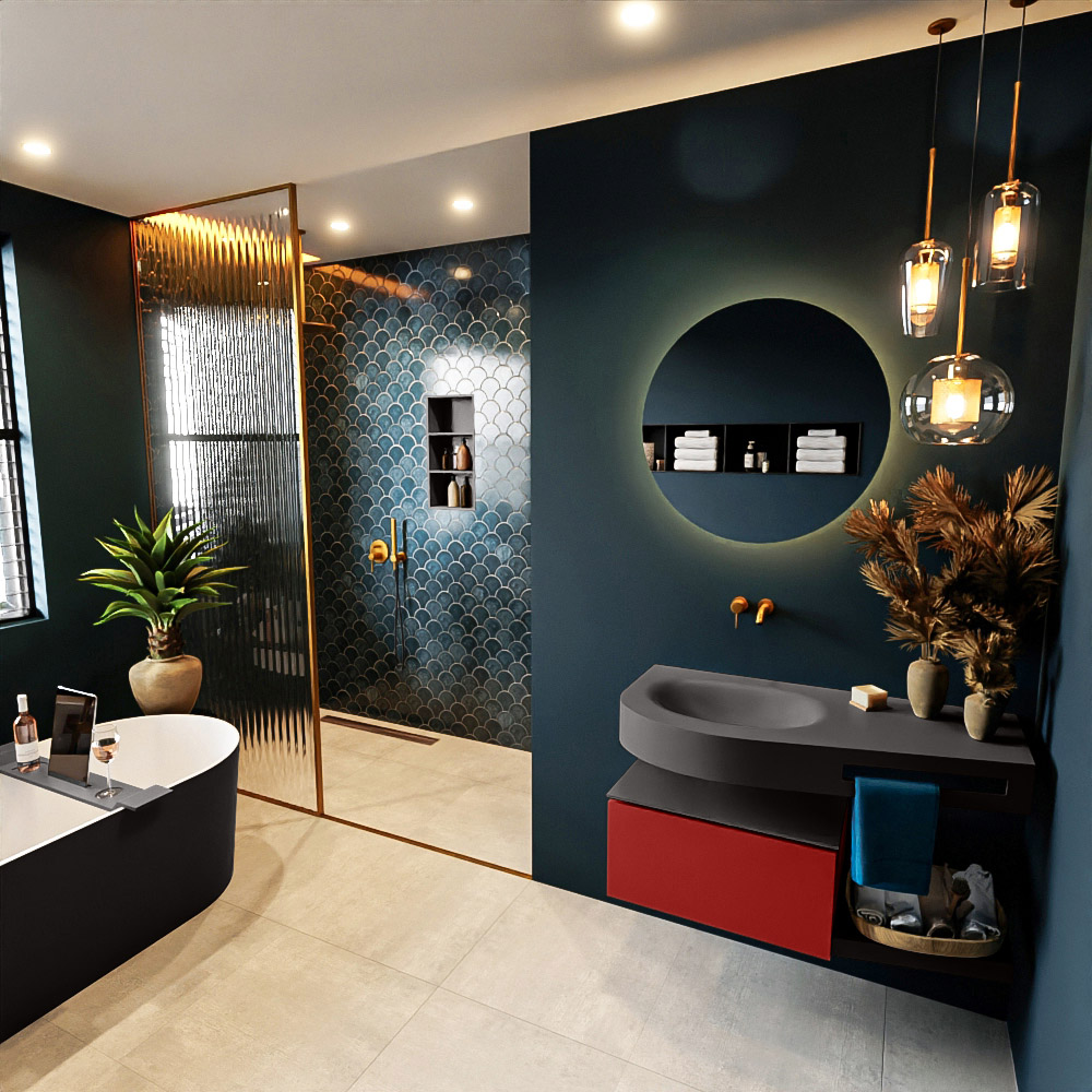 MONDIAZ RIVA 100cm mueble de baño / estante color Fire con 1 cajón. Lavabo DULCET Izquierda sin orificio, color Dark Grey. 1 MONDIAZ RIVA 100cm mueble de baño / estante color Fire con 1 cajón. Lavabo DULCET Izquierda sin orificio