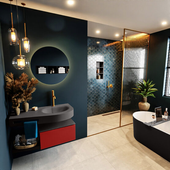 MONDIAZ RIVA 100cm mueble de baño / estante color Fire con 1 cajón. Lavabo DULCET Derecho 1 orificio