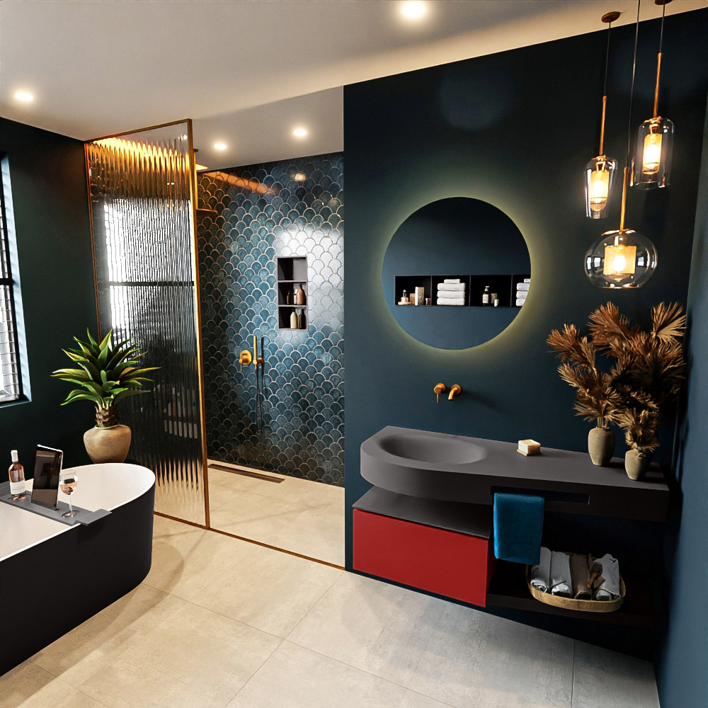 MONDIAZ RIVA 120cm mueble de baño / estante color Fire con 1 cajón. Lavabo DULCET Izquierda sin orificio, color Dark Grey. 1 MONDIAZ RIVA 120cm mueble de baño / estante color Fire con 1 cajón. Lavabo DULCET Izquierda sin orificio