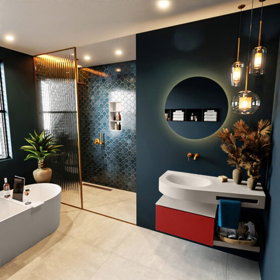 MONDIAZ RIVA 100cm mueble de baño / estante color Fire con 1 cajón. Lavabo DULCET Izquierda sin orificio