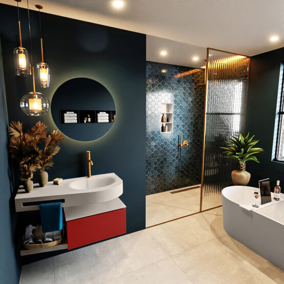 MONDIAZ RIVA 100cm mueble de baño / estante color Fire con 1 cajón. Lavabo DULCET Derecho 1 orificio