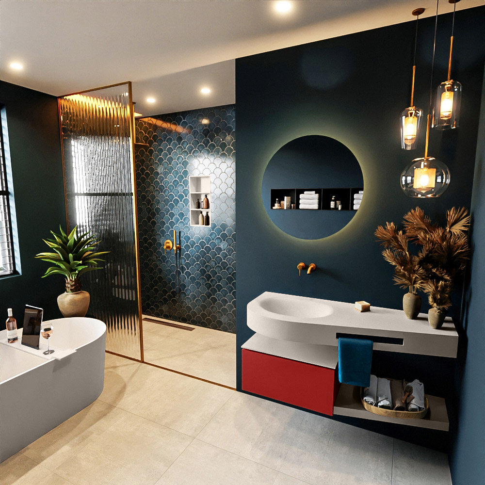 MONDIAZ RIVA 120cm mueble de baño / estante color Fire con 1 cajón. Lavabo DULCET Izquierda sin orificio, color Linen. 1 MONDIAZ RIVA 120cm mueble de baño / estante color Fire con 1 cajón. Lavabo DULCET Izquierda sin orificio