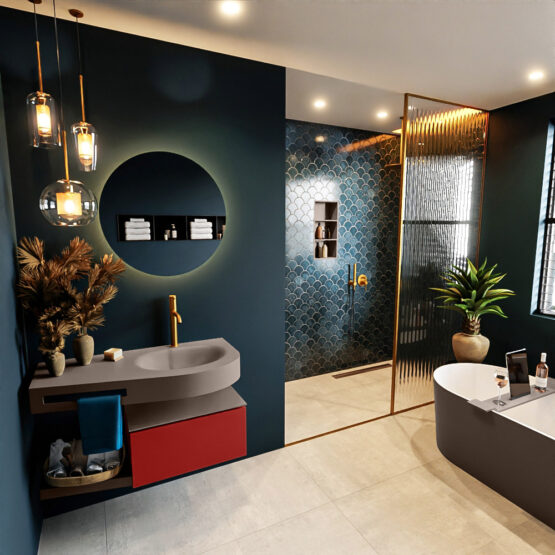 MONDIAZ RIVA 100cm mueble de baño / estante color Fire con 1 cajón. Lavabo DULCET Derecho 1 orificio