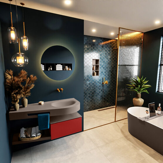 MONDIAZ RIVA 120cm mueble de baño / estante color Fire con 1 cajón. Lavabo DULCET Derecho sin orificio