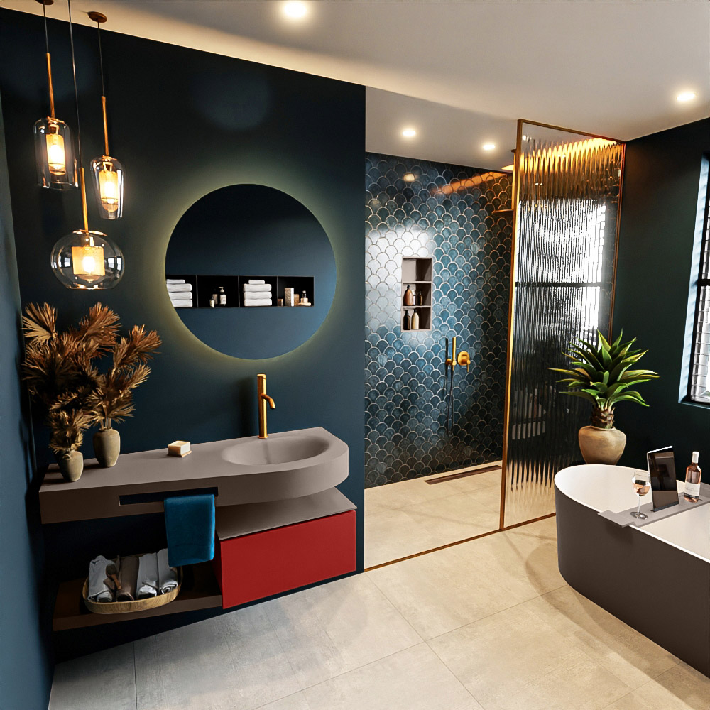 MONDIAZ RIVA 120cm mueble de baño / estante color Fire con 1 cajón. Lavabo DULCET Derecho 1 orificio, color Smoke. 1 MONDIAZ RIVA 120cm mueble de baño / estante color Fire con 1 cajón. Lavabo DULCET Derecho 1 orificio