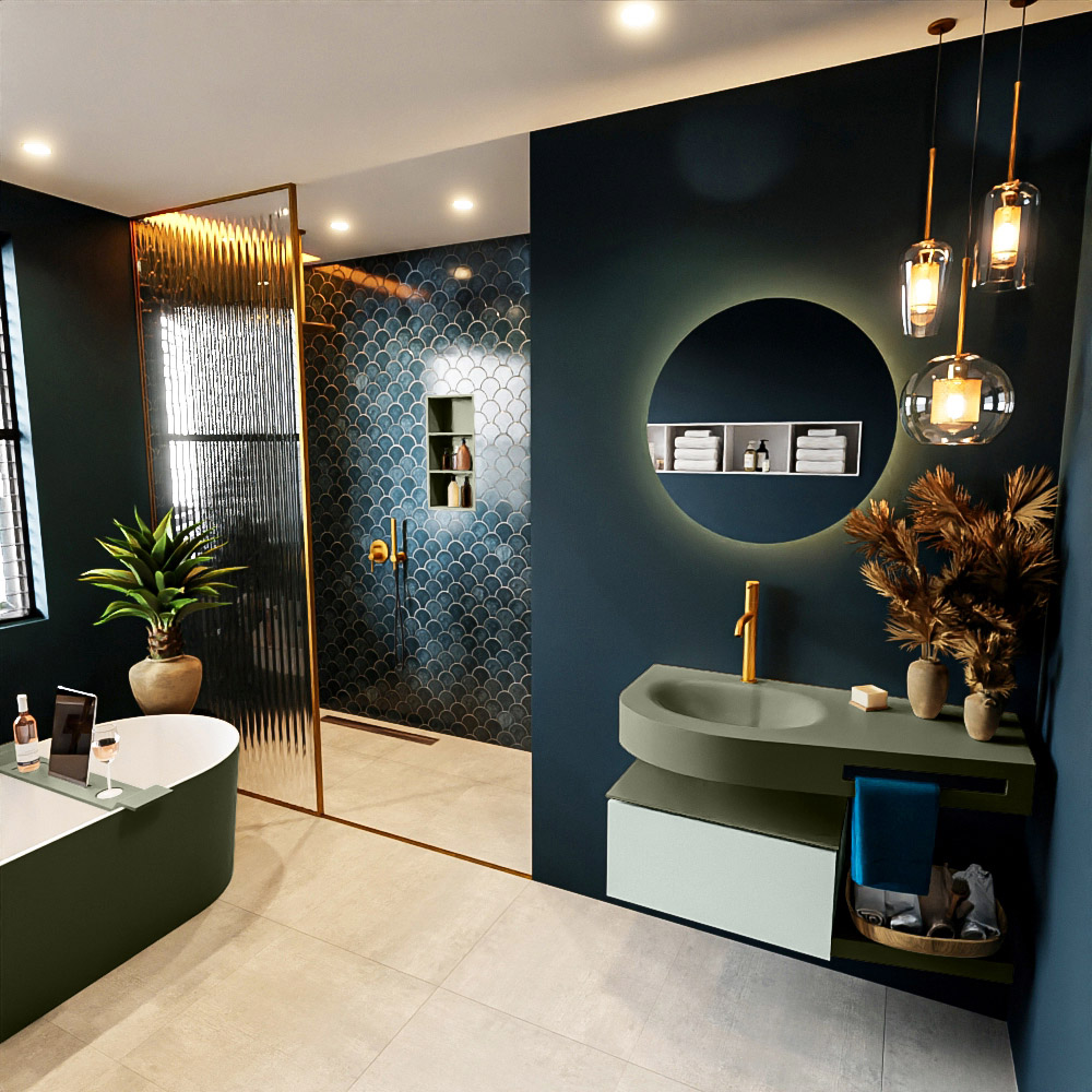 MONDIAZ RIVA 100cm mueble de baño / estante color Greey con 1 cajón. Lavabo DULCET Izquierda 1 orificio, color Army. 1 MONDIAZ RIVA 100cm mueble de baño / estante color Greey con 1 cajón. Lavabo DULCET Izquierda 1 orificio