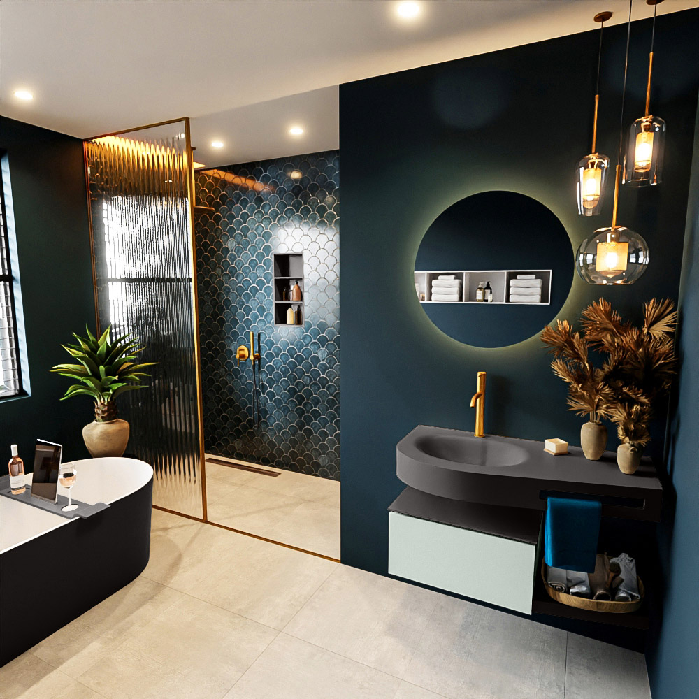 MONDIAZ RIVA 100cm mueble de baño / estante color Greey con 1 cajón. Lavabo DULCET Izquierda 1 orificio, color Dark Grey. 1 MONDIAZ RIVA 100cm mueble de baño / estante color Greey con 1 cajón. Lavabo DULCET Izquierda 1 orificio