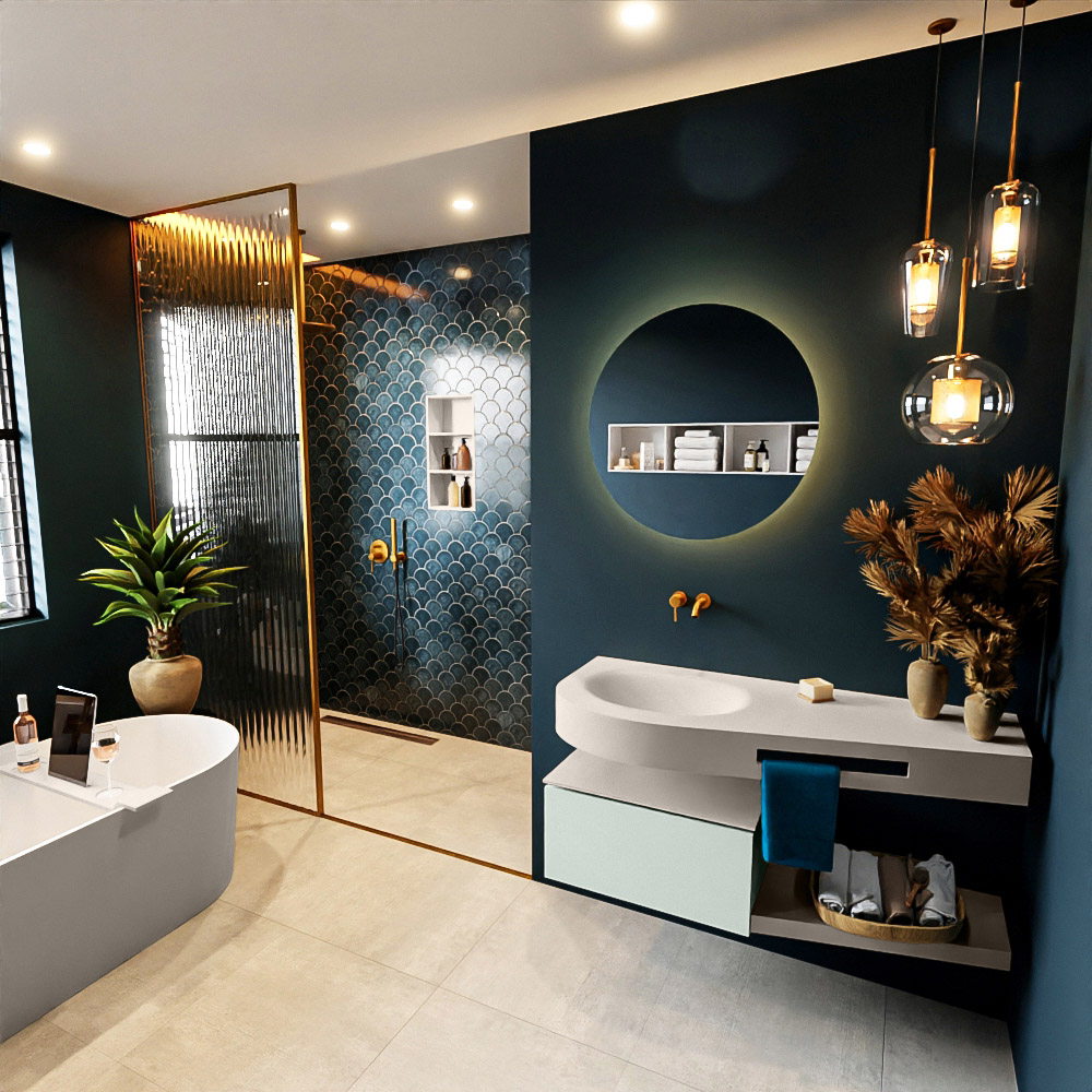 MONDIAZ RIVA 120cm mueble de baño / estante color Greey con 1 cajón. Lavabo DULCET Izquierda sin orificio, color Linen. 1 MONDIAZ RIVA 120cm mueble de baño / estante color Greey con 1 cajón. Lavabo DULCET Izquierda sin orificio