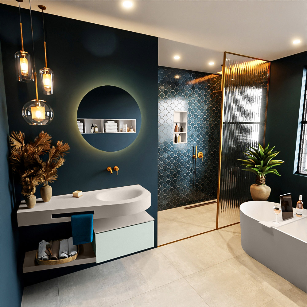 MONDIAZ RIVA 120cm mueble de baño / estante color Greey con 1 cajón. Lavabo DULCET Derecho sin orificio, color Linen. 1 MONDIAZ RIVA 120cm mueble de baño / estante color Greey con 1 cajón. Lavabo DULCET Derecho sin orificio