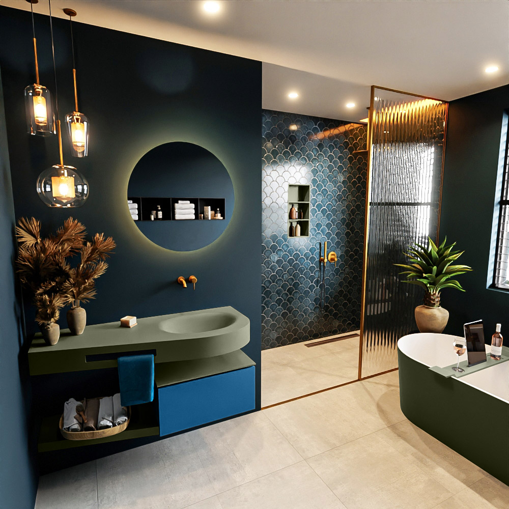 MONDIAZ RIVA 120cm mueble de baño / estante color Jeans con 1 cajón. Lavabo DULCET Derecho sin orificio, color Army. 1 MONDIAZ RIVA 120cm mueble de baño / estante color Jeans con 1 cajón. Lavabo DULCET Derecho sin orificio