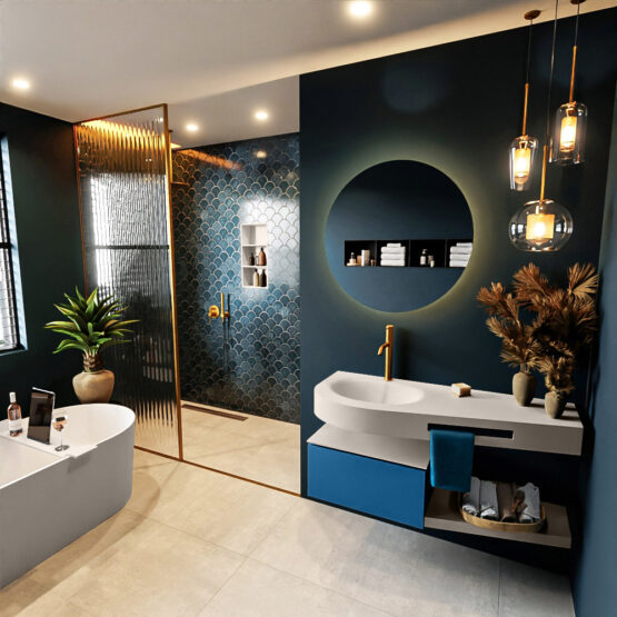MONDIAZ RIVA 120cm mueble de baño / estante color Jeans con 1 cajón. Lavabo DULCET Izquierda 1 orificio