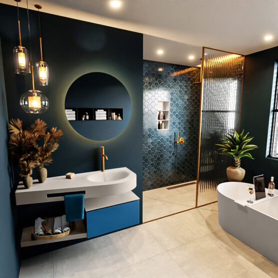 MONDIAZ RIVA 120cm mueble de baño / estante color Jeans con 1 cajón. Lavabo DULCET Derecho 1 orificio