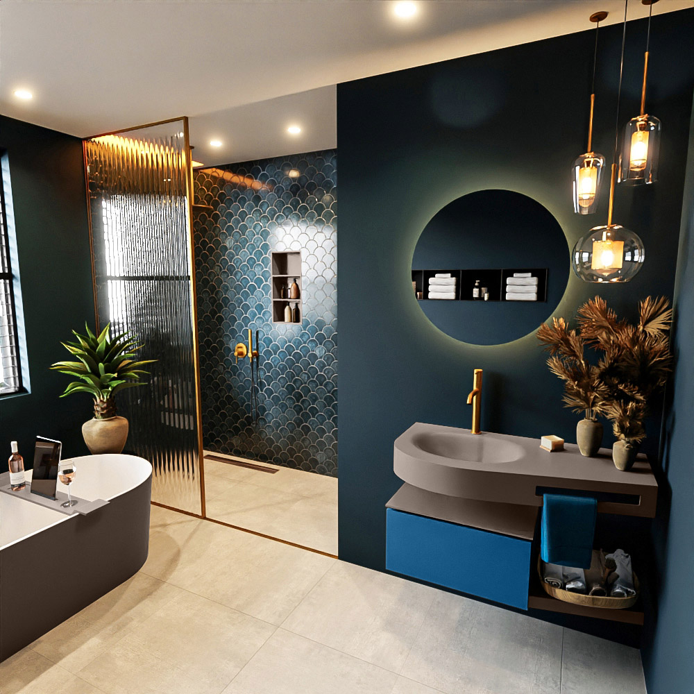 MONDIAZ RIVA 100cm mueble de baño / estante color Jeans con 1 cajón. Lavabo DULCET Izquierda 1 orificio, color Smoke. 1 MONDIAZ RIVA 100cm mueble de baño / estante color Jeans con 1 cajón. Lavabo DULCET Izquierda 1 orificio