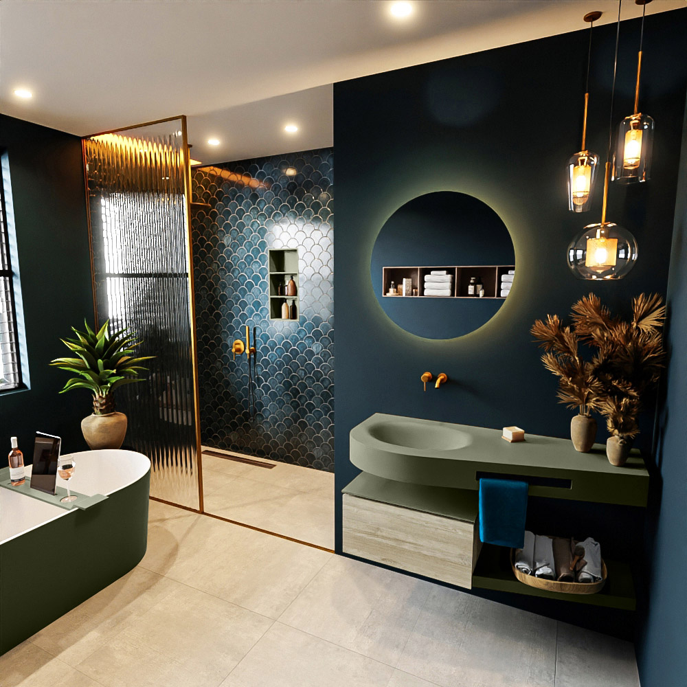 MONDIAZ RIVA 120cm mueble de baño / estante color Light Brown Grey con 1 cajón. Lavabo DULCET Izquierda sin orificio, color Army. 1 MONDIAZ RIVA 120cm mueble de baño / estante color Light Brown Grey con 1 cajón. Lavabo DULCET Izquierda sin orificio