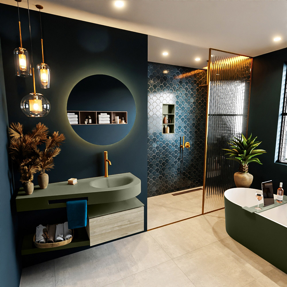 MONDIAZ RIVA 120cm mueble de baño / estante color Light Brown Grey con 1 cajón. Lavabo DULCET Derecho 1 orificio, color Army. 1 MONDIAZ RIVA 120cm mueble de baño / estante color Light Brown Grey con 1 cajón. Lavabo DULCET Derecho 1 orificio