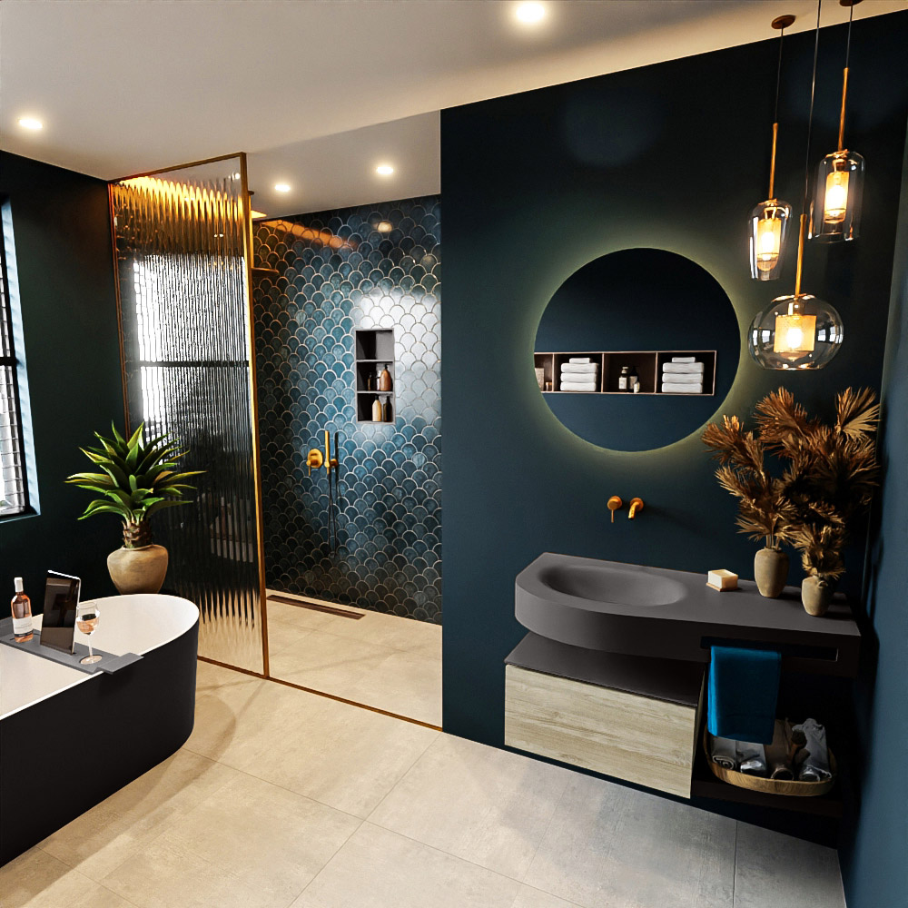 MONDIAZ RIVA 100cm mueble de baño / estante color Light Brown Grey con 1 cajón. Lavabo DULCET Izquierda sin orificio