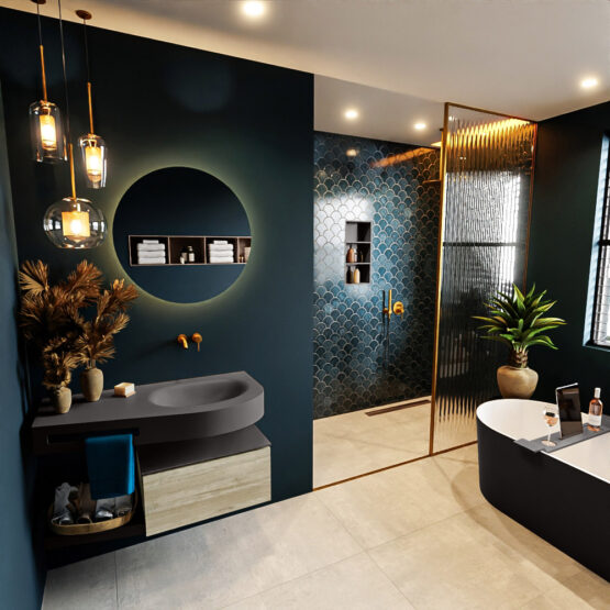 MONDIAZ RIVA 100cm mueble de baño / estante color Light Brown Grey con 1 cajón. Lavabo DULCET Derecho sin orificio