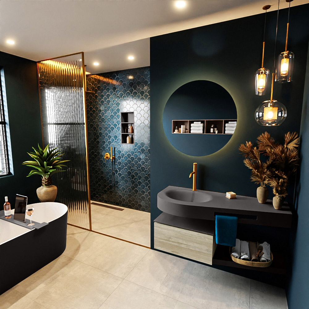 MONDIAZ RIVA 120cm mueble de baño / estante color Light Brown Grey con 1 cajón. Lavabo DULCET Izquierda 1 orificio