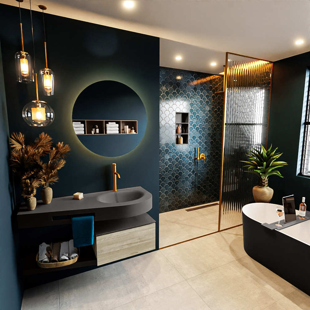 MONDIAZ RIVA 120cm mueble de baño / estante color Light Brown Grey con 1 cajón. Lavabo DULCET Derecho 1 orificio, color Dark Grey. 1 MONDIAZ RIVA 120cm mueble de baño / estante color Light Brown Grey con 1 cajón. Lavabo DULCET Derecho 1 orificio