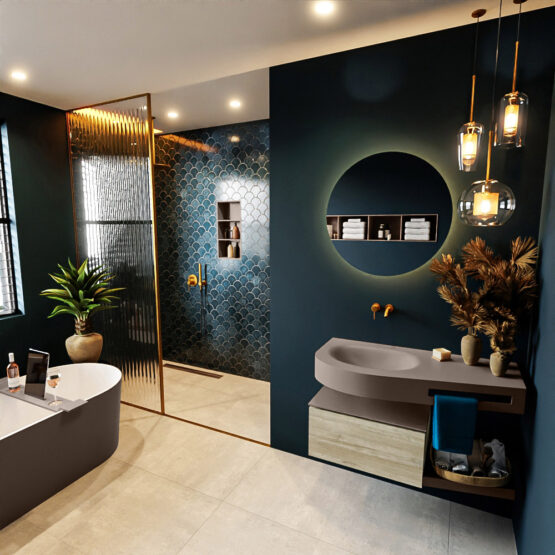 MONDIAZ RIVA 100cm mueble de baño / estante color Light Brown Grey con 1 cajón. Lavabo DULCET Izquierda sin orificio