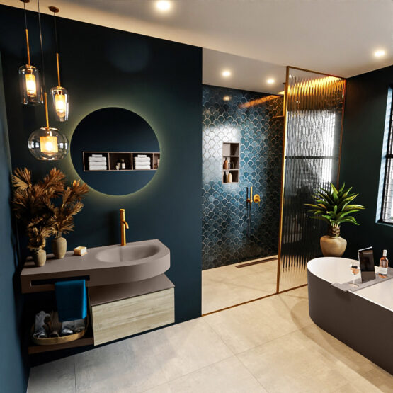 MONDIAZ RIVA 100cm mueble de baño / estante color Light Brown Grey con 1 cajón. Lavabo DULCET Derecho 1 orificio