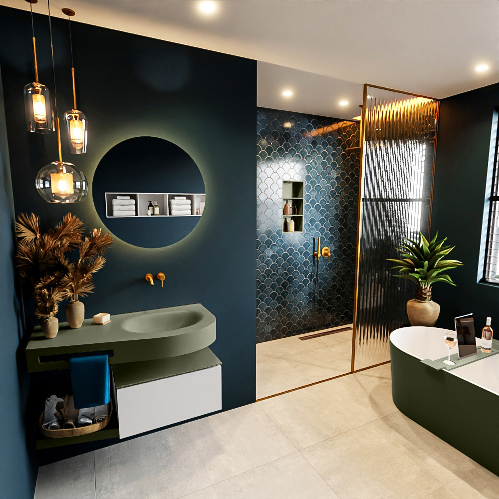 MONDIAZ RIVA 100cm mueble de baño / estante color Linen con 1 cajón. Lavabo DULCET Derecho sin orificio, color Army. 1 MONDIAZ RIVA 100cm mueble de baño / estante color Linen con 1 cajón. Lavabo DULCET Derecho sin orificio
