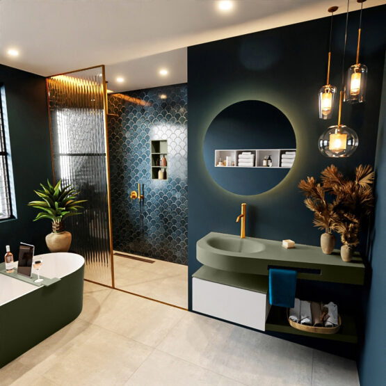 MONDIAZ RIVA 120cm mueble de baño / estante color Linen con 1 cajón. Lavabo DULCET Izquierda 1 orificio