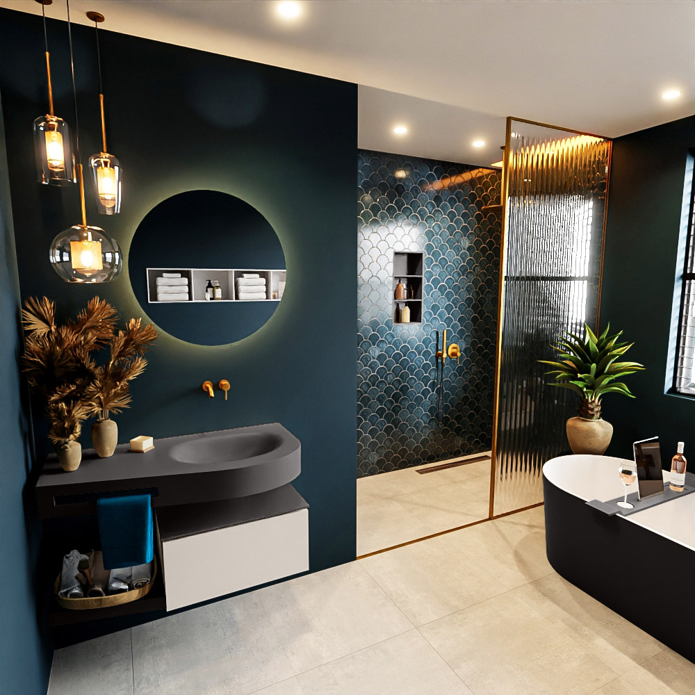 MONDIAZ RIVA 100cm mueble de baño / estante color Linen con 1 cajón. Lavabo DULCET Derecho sin orificio, color Dark Grey. 1 MONDIAZ RIVA 100cm mueble de baño / estante color Linen con 1 cajón. Lavabo DULCET Derecho sin orificio