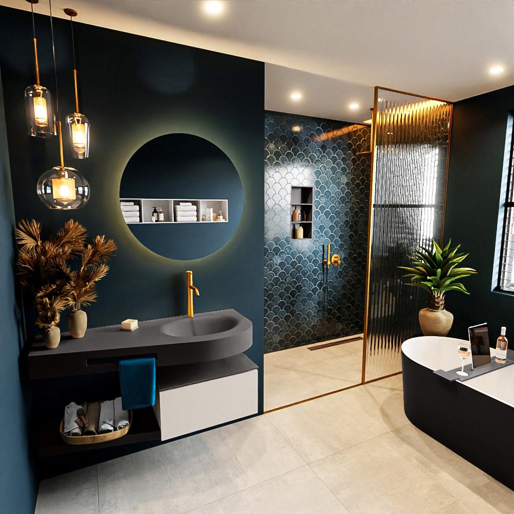 MONDIAZ RIVA 120cm mueble de baño / estante color Linen con 1 cajón. Lavabo DULCET Derecho 1 orificio, color Dark Grey. 1 MONDIAZ RIVA 120cm mueble de baño / estante color Linen con 1 cajón. Lavabo DULCET Derecho 1 orificio