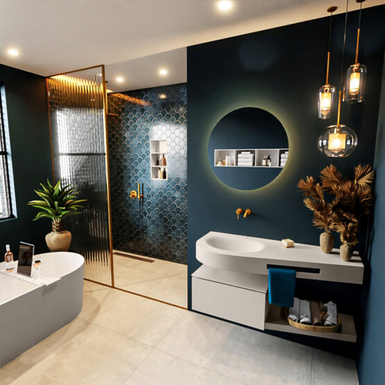 MONDIAZ RIVA 120cm mueble de baño / estante color Linen con 1 cajón. Lavabo DULCET Izquierda sin orificio