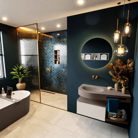 MONDIAZ RIVA 100cm mueble de baño / estante color Linen con 1 cajón. Lavabo DULCET Izquierda sin orificio