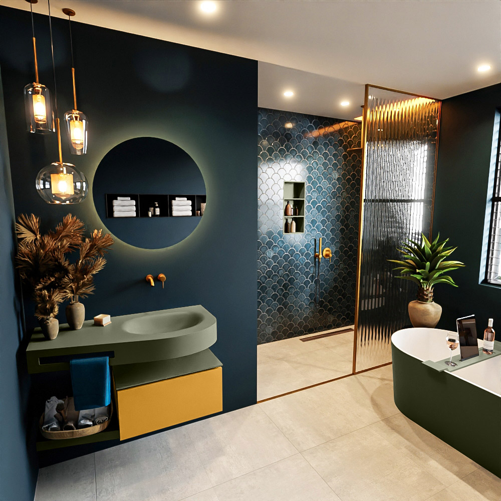 MONDIAZ RIVA 100cm mueble de baño / estante color Ocher con 1 cajón. Lavabo DULCET Derecho sin orificio, color Army. 1 MONDIAZ RIVA 100cm mueble de baño / estante color Ocher con 1 cajón. Lavabo DULCET Derecho sin orificio