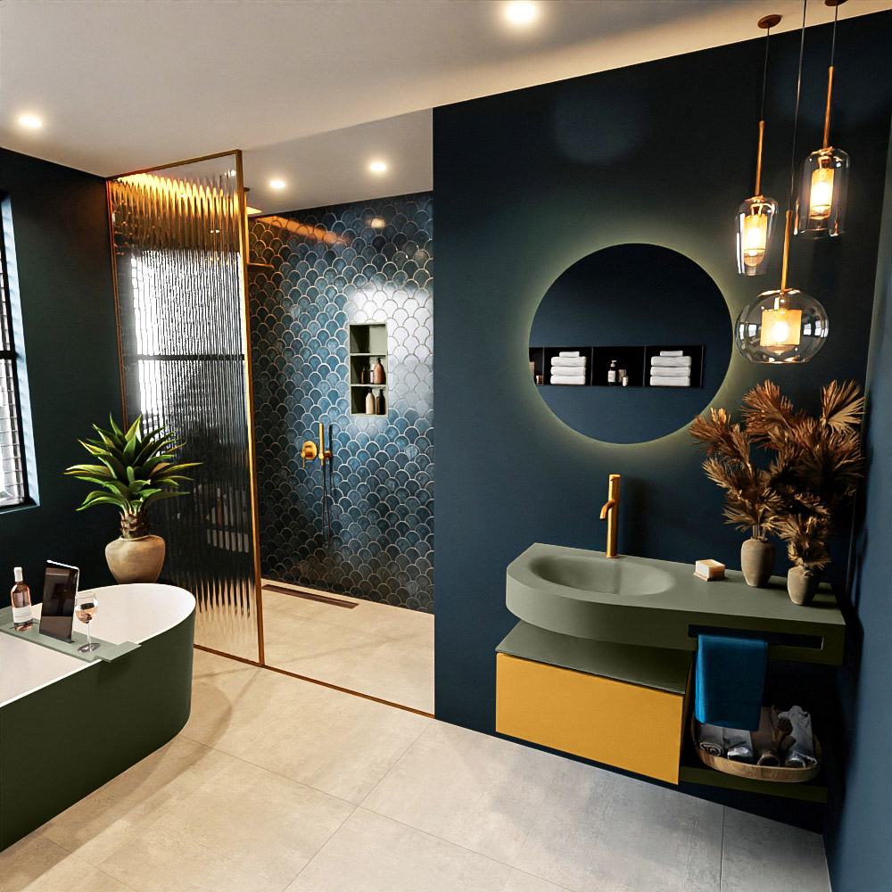 MONDIAZ RIVA 100cm mueble de baño / estante color Ocher con 1 cajón. Lavabo DULCET Izquierda 1 orificio, color Army. 1 MONDIAZ RIVA 100cm mueble de baño / estante color Ocher con 1 cajón. Lavabo DULCET Izquierda 1 orificio