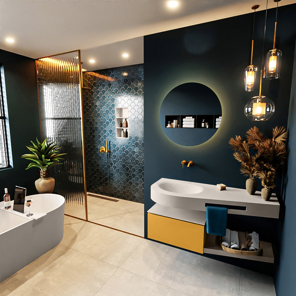 MONDIAZ RIVA 120cm mueble de baño / estante color Ocher con 1 cajón. Lavabo DULCET Izquierda sin orificio, color Linen. 1 MONDIAZ RIVA 120cm mueble de baño / estante color Ocher con 1 cajón. Lavabo DULCET Izquierda sin orificio