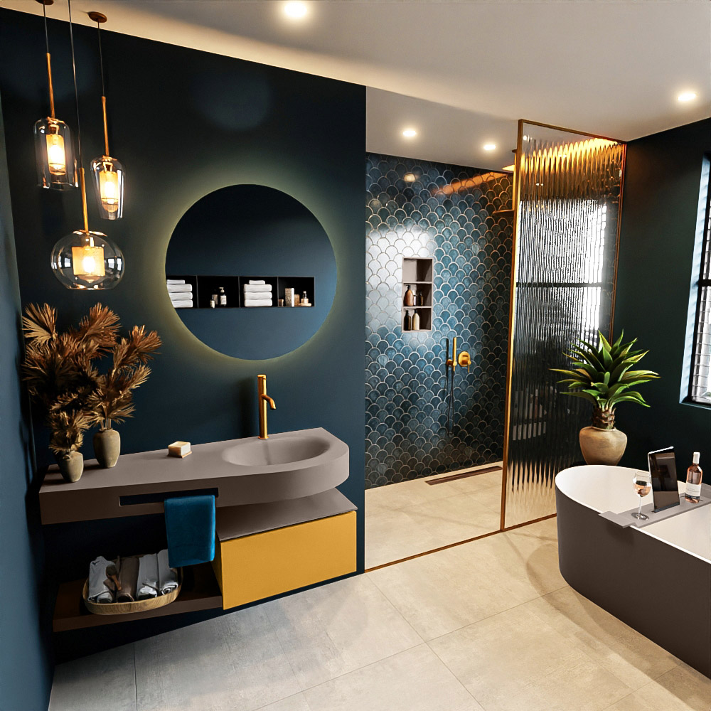 MONDIAZ RIVA 120cm mueble de baño / estante color Ocher con 1 cajón. Lavabo DULCET Derecho 1 orificio, color Smoke. 1 MONDIAZ RIVA 120cm mueble de baño / estante color Ocher con 1 cajón. Lavabo DULCET Derecho 1 orificio