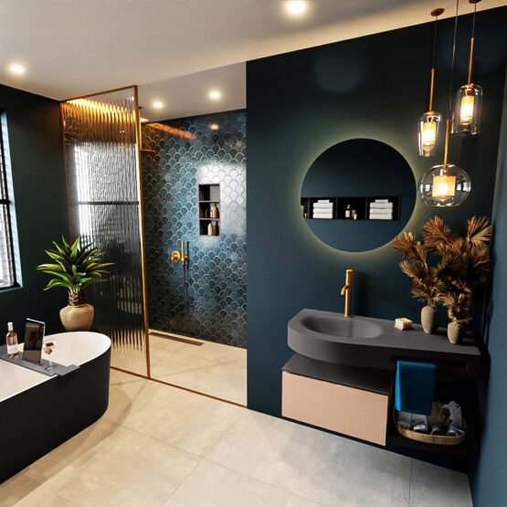 MONDIAZ RIVA 100cm mueble de baño / estante color Rosee con 1 cajón. Lavabo DULCET Izquierda 1 orificio