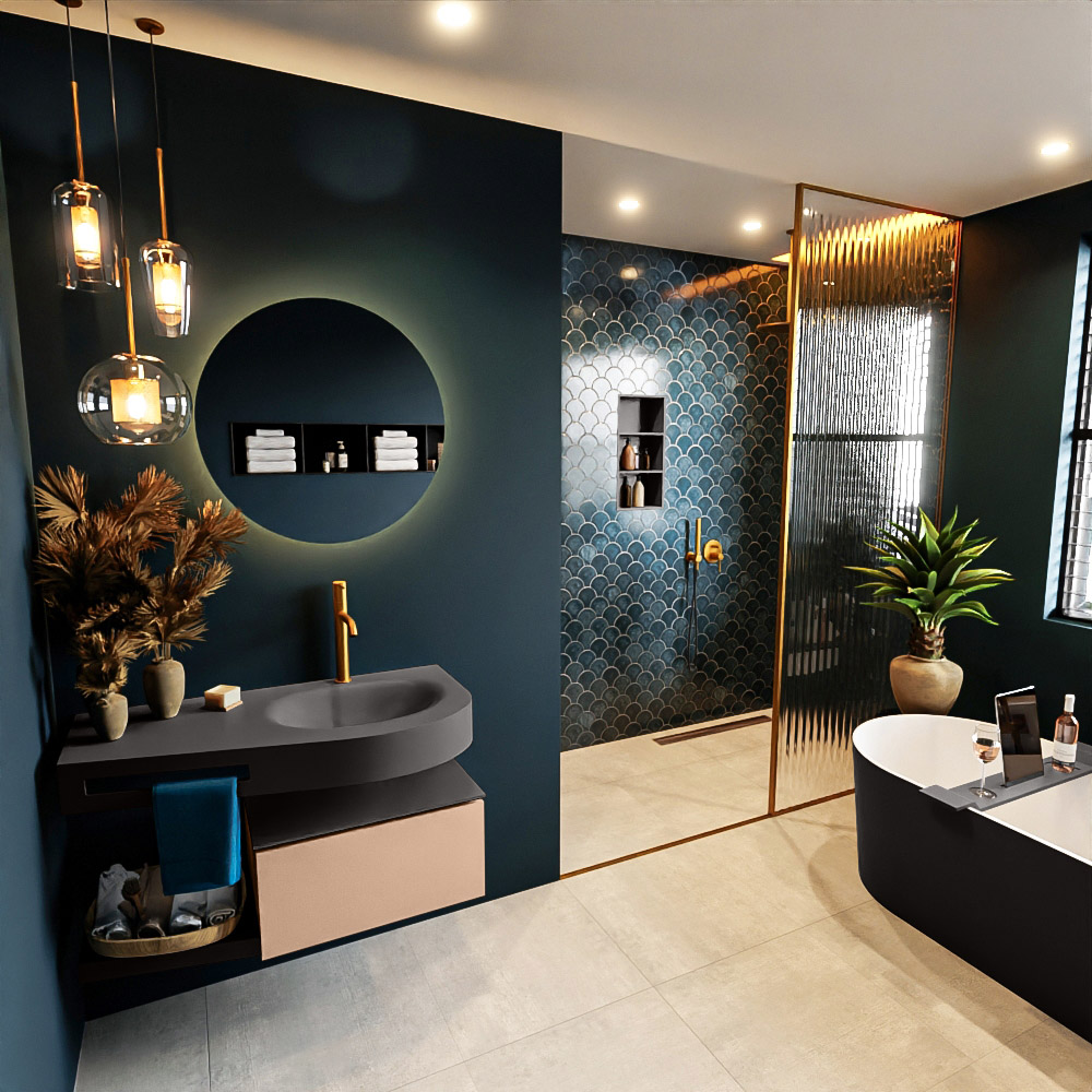 MONDIAZ RIVA 100cm mueble de baño / estante color Rosee con 1 cajón. Lavabo DULCET Derecho 1 orificio, color Dark Grey. 1 MONDIAZ RIVA 100cm mueble de baño / estante color Rosee con 1 cajón. Lavabo DULCET Derecho 1 orificio