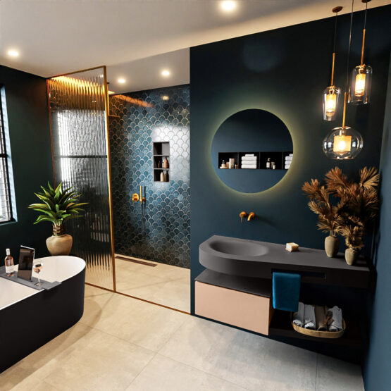 MONDIAZ RIVA 120cm mueble de baño / estante color Rosee con 1 cajón. Lavabo DULCET Izquierda sin orificio