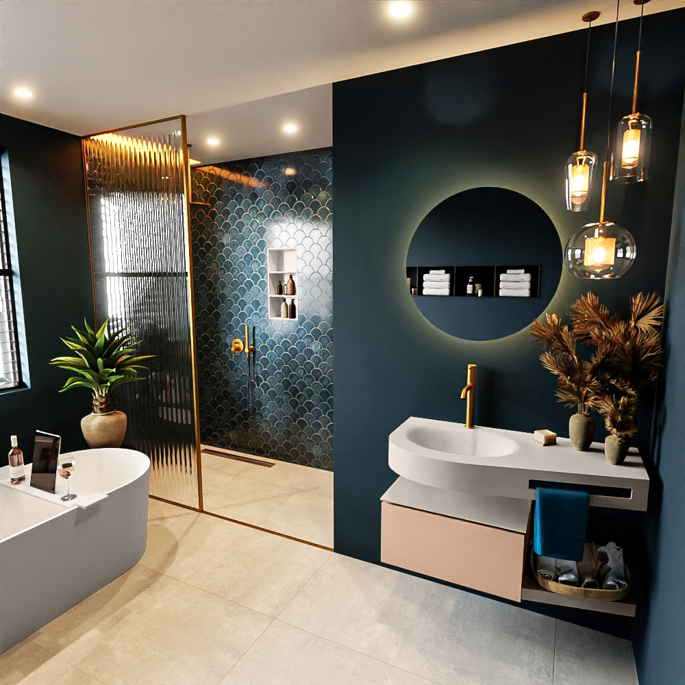 MONDIAZ RIVA 100cm mueble de baño / estante color Rosee con 1 cajón. Lavabo DULCET Izquierda 1 orificio, color Linen. 1 MONDIAZ RIVA 100cm mueble de baño / estante color Rosee con 1 cajón. Lavabo DULCET Izquierda 1 orificio