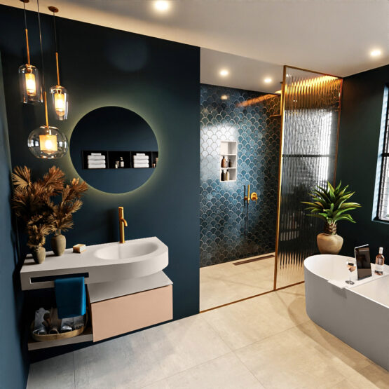 MONDIAZ RIVA 100cm mueble de baño / estante color Rosee con 1 cajón. Lavabo DULCET Derecho 1 orificio