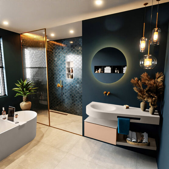 MONDIAZ RIVA 120cm mueble de baño / estante color Rosee con 1 cajón. Lavabo DULCET Izquierda sin orificio