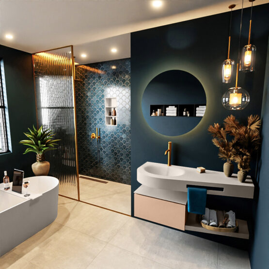 MONDIAZ RIVA 120cm mueble de baño / estante color Rosee con 1 cajón. Lavabo DULCET Izquierda 1 orificio