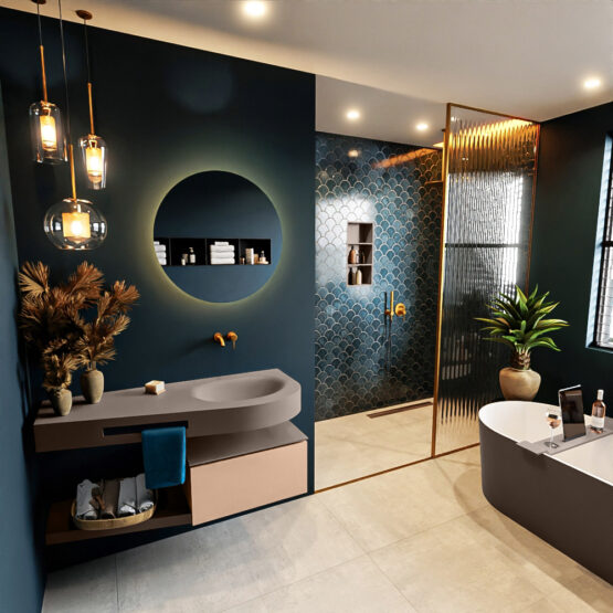 MONDIAZ RIVA 120cm mueble de baño / estante color Rosee con 1 cajón. Lavabo DULCET Derecho sin orificio