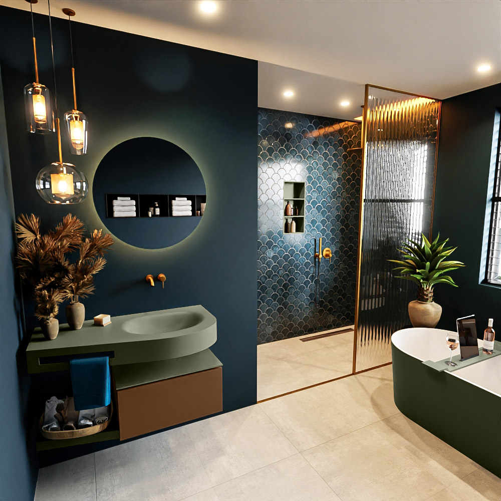 MONDIAZ RIVA 100cm mueble de baño / estante color Rust con 1 cajón. Lavabo DULCET Derecho sin orificio, color Army. 1 MONDIAZ RIVA 100cm mueble de baño / estante color Rust con 1 cajón. Lavabo DULCET Derecho sin orificio